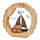 Topshop24you Maritimer Holz-Metall Aufsteller – Segelboot mit Möwen in Rahmen (Ø 21 cm × T 4 cm) – Küstenhaus Deko, Maritime Wohnaccessoires