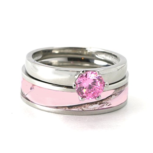 His & Hers 3 Pc Camo Pink Stainless Steel And Titanium Engagement Wedding Rings Set (Size His 13, Hers 10) #TOP6
