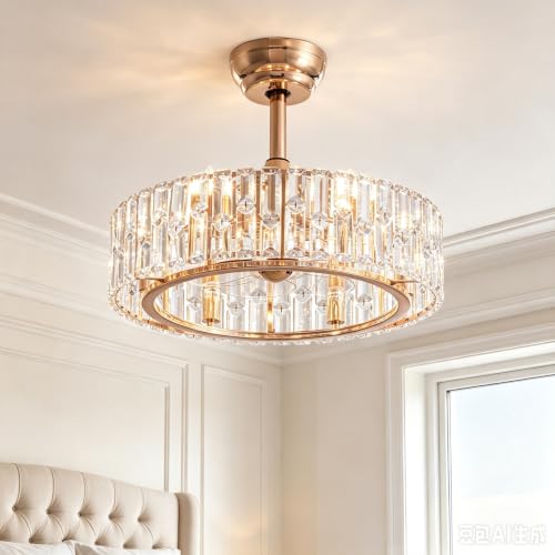 Image of Siljoy Modern Gold Caged Crystal Ceiling Fans with Lights and Remote, 20'' | Crystal Chandelier with Fan, 6 Fan Speeds, Reversible Blade, Quiet Performance, 6-Light Fandelier Bedroom Living Room Nursery