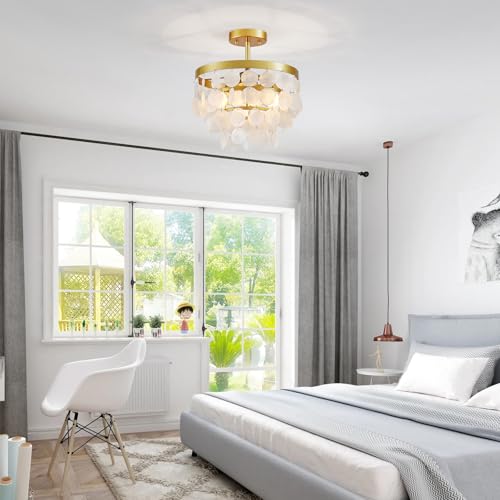 ElegLumi Capiz Shell Ceiling Light, Gold Capiz Shell Chandeliers for Dining Room, Living Room, Bedroom, Hallway, D12.6'' × H13.4'', 3 * E12 Sockets, Gold Finish Frame & White Shell - Image 9