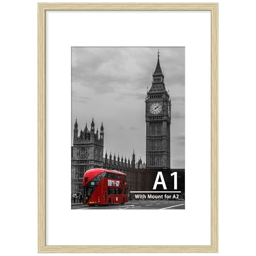 Tinkeps A1 Oak Wood Picture Frame Engineered Wood and Plexiglass A1 Frame with Mount for A2 Prints Photos and Posters Wall Mountable