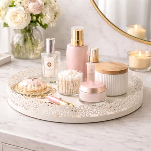 Image of Gold Finish Decorative Metal Tray | Multipurpose Serving & Vanity Tray | Premium Cutwork Design | Home Decor Organizer | 28 x 4 cm (Ivory)