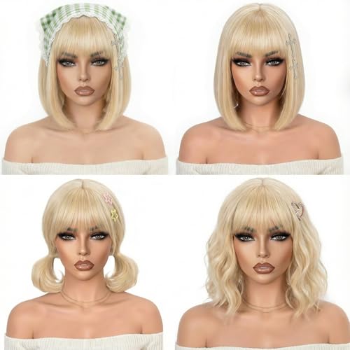 Image of Farblick 613 Bob Wig Human Hair With Bangs Wear and go Glueless Wig Human Hair 12inch Straight Wig 180% Density Blonde wig with bangs for Women