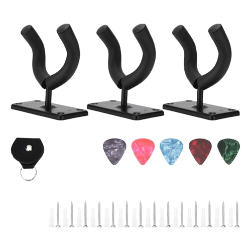 PxQuerantic 3 unidades de soporte de pared con gancho para guitarra, violín y ukelele; soporte en forma de U de hierro resistente con protección suave; incluye tacos de pared, tornillos, púas