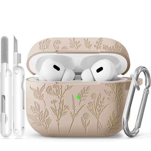 Image of for Apple AirPods Pro 2nd /1st Generation, Soft Silicone Flower Engraved AirPods Pro 2 Gen Protective Case Cover for Women Airpod Case with Clean Kit,Carabiner,Front LED Visible,Sand Powder