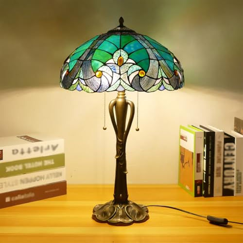 Dualbao Lámpara De Mesa Barroca De 16'' En Azul Pavo Real, Verde Y Amarillo, Pantalla Grande De Cristal Teñido En Forma De Corteza De Sandía, 2 Luces con Interruptor De Cadena,Azul