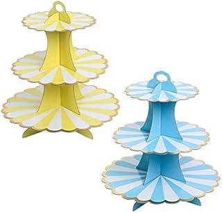 2 Pcs 3 Tiers Cake Display Stand, Cardboard Afternoon Tea Cake Stands, Cup Cake Fruit Dessert Server Plates Stands, Food Serving Platter Holder Tower Stand for Birthday, Wedding, Party - Yellow/Blue