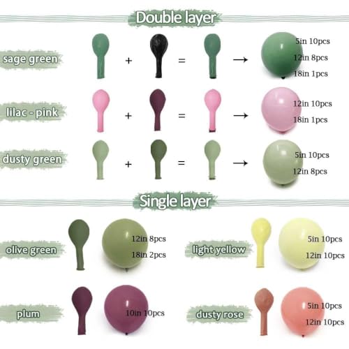 Image of Dusty Pink Green Yellow Balloon Garland - Double Stuffed Sage Olive Green Mauve Matte Pastel Plum Balloon Arch Kit for Baby Shower Birthday Floral Enchanted Forest Fairy Princess Fall Party Decoration