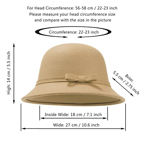 Women Felt Hat, Bucket Hat, Adjustable Vintage Bowler Suede Wool Hat With Bowknot Khaki #TOP1