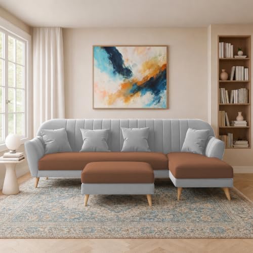 Image of Atticus RHS 6 Seater L Shape Sofa Set with Ottoman Living Room (Brown Grey Colour Fabric) Premium Fabric Sofa Set for Living Room