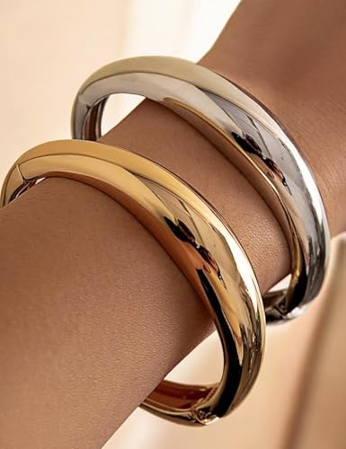 Image of Chunky Gold Bangle Bracelets for Women, Dainty 14k Gold Plated Big Stackable Bangles Set, Trendy Statement Cuff Bracelet Stack Fashion Jewelry Gifts