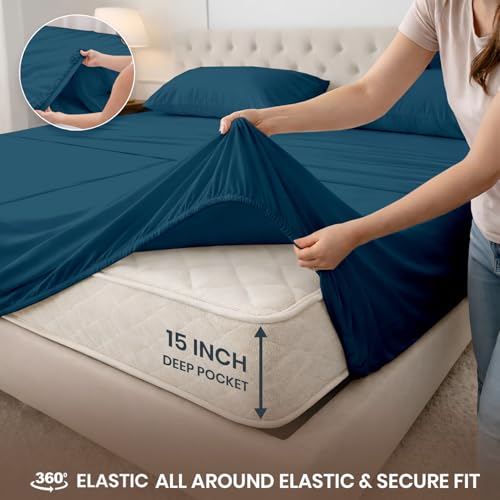 Image of SGI Split King Sheet Set for Adjustable Bed Egyptian Premium Cotton 600 Thread Count Sheets for Sleep Number Bed 15 inch Deep Pocket 5 Pc Set with 2 Twin XL Fitted Sheets Soft Breathable -Teal
