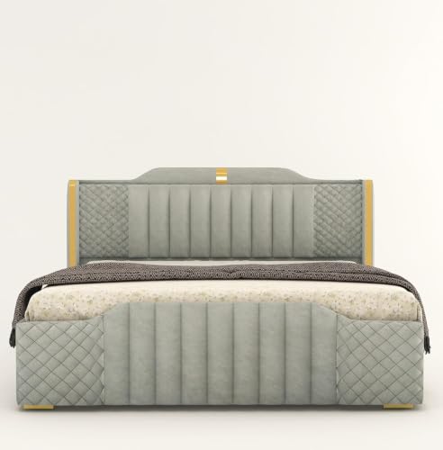 Image of Modern Upholstered King Size Bed with Storage | Double Bed with Box Storage & Upholstery Premium Fabric Headboard | Platform Bed for Bedroom & Hotel, Sheesham Wood, Grey, 6.5 x 6 Ft