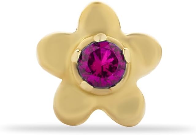 generic Flower Stud Labret Cartilage Piercing Earring With Red Zircon - 14K Solid Yellow Gold - For Helix Tragus Lobe Conch Flat & Other Body Piercing BY KORAL JEWELRY