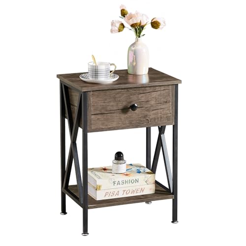 Image of VECELO Nightstand,Modern Bedside End Table, Night Stand with Drawer and Storage Shelf for Living Room Bedroom, Industrial Metal Frame