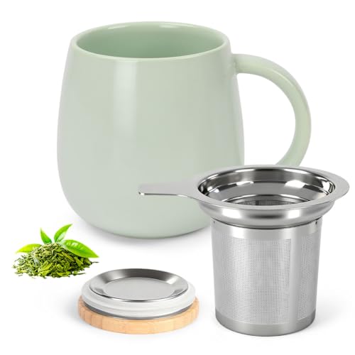 AOOTE Tea Cup with Infuser and Lid 480ml Large Tea Mug Ceramic Mug with Wooden Lid and Stainless Steel Infuser for Teas Coffee Water Teas Cup for Office Home Use Dishwasher Safe Green