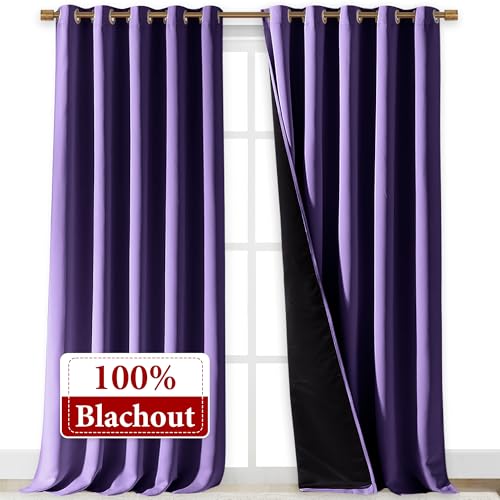 Image of NICETOWN 100% Blackout Blinds, Laundry Room Decor Window Treatment Curtains for Large Patio Sliding Door, Thermal Insulated Lilac Purple Curtains for Bedroom, Set of 2, 70 inches x 108 inches