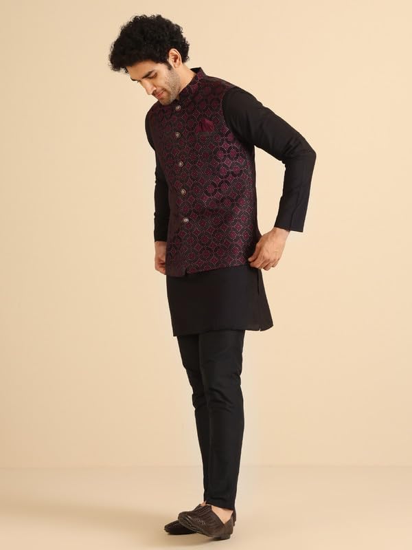 Men's Nehru Jacket, Burgundy Jacquard, Woven Design Regular Fit Mandarin Collar Sleeveless2