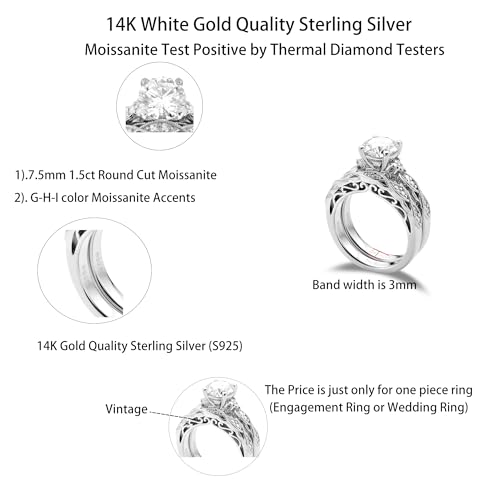 DovEggs Moissanite Wedding Ring Sets for Women 1.5ct Center 7.5mm F-G-H Color Round Cut Moissanite Lab Grown Vintage Antique Engagement Ring 14K Gold QUALITY Sterling Silver2