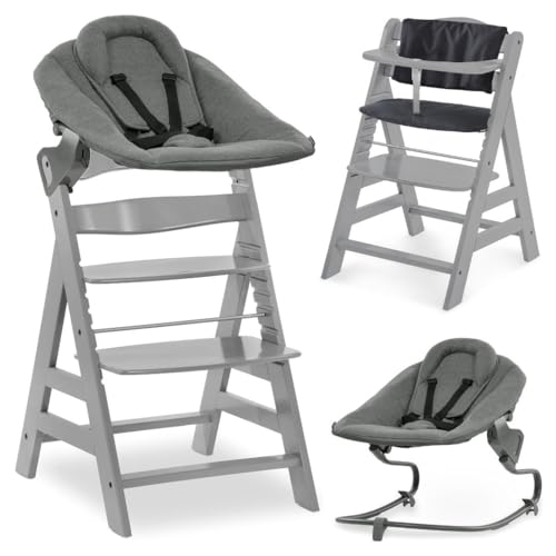 hauck Alpha+ Newborn Set mit Premium Bouncer Dark Grey - Baby Holz Hochstuhl ab Geburt mit Liegefunktion - extra flacher Aufsatz für Neugeborene & Sitzpolster - Grau