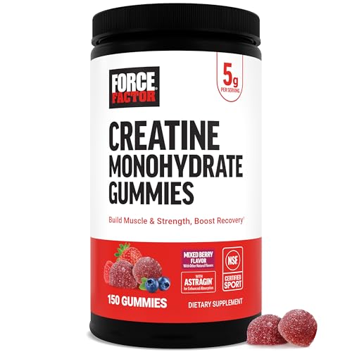 Force Factor Creatine Monohydrate Gummies, NSF Certified, 5g Dose for Men & Women to Support Muscle, Strength, Recovery, Cognitive Health & Memory, Mixed Berry, 150 Gummies