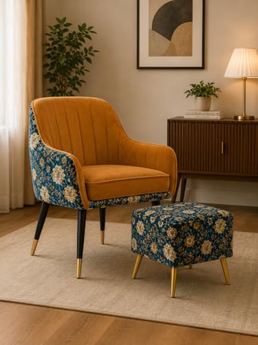 Image of Floral Velvet Accent Chair with Floral Pouffe | Modern Upholstered Armchair with Gold & Black Metal Legs | Comfortable Lounge Chair for Living Room, Bedroom, Office (Light Brown Floral)