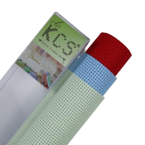 Image of KCS 3 pc of 15 inch x 18 inch(38cmx45cm) 11 Count Cross Stitch Cotton Aida Cloth Needlework Rolled Fabric Box,11CT,Light Blue+Light Green+Red