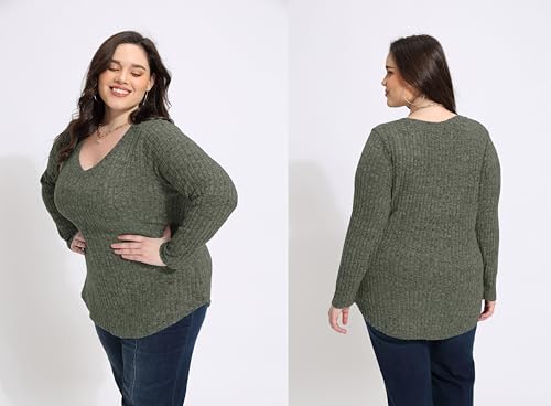 Image of RITERA Plus Size Sweater, Ribbed Long Sleeve Solid Top for Women | Soft vertical ribbed knit, modest V neck, loose long sleeves, curved swing hem, slimming casual layering top for curvy women