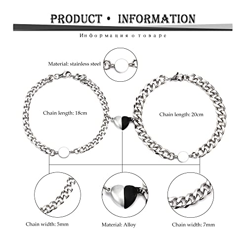 Matching Magnetic Bracelets For Couples Friendship Best Friend Mother Daughter Sister Boyfriend And Girlfriend 2 His And Her Love Relationship Bff Cuban Link Chain Heart Bracelet Gift Jewelry (Black And Silver) #TOP1