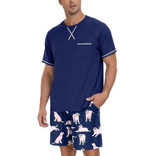 Marvmys Mens Pajama Set Cotton Summer Pjs Short Sleeve Sleepwear Lightweight Pajamas 2 Pieces Loungewear with Pockets S-2XL Small B-blue White Dog