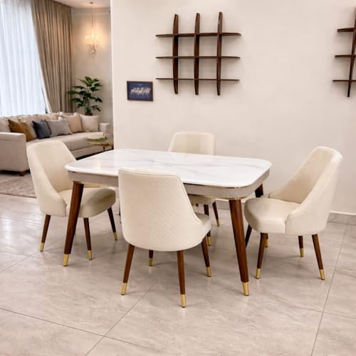 Image of WOODEN SPACE Wooden Dining Table with Nano Composite Marble Top & Solid Wood Base (Modern Vento Grey, 4 Seater, Modern Vento)