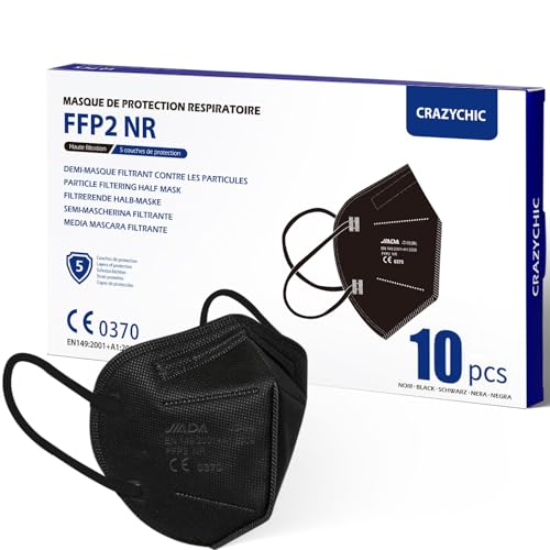 CRAZYCHIC - Masque FFP2 Noir - Norme CE EN149 - Masque de Protection Respiratoire Certifié - Haute Filtration - Stock France Livraison Rapide - Boîte 10 pièces