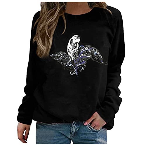 luohaibell Sweat Femme sans Capuche Plumes Imprimés Sweatshirt Manches Longues Casual Pull Noir L Cover