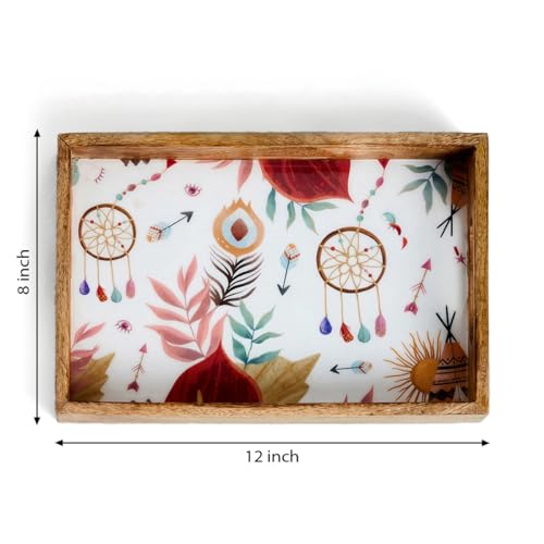 Image of SAAGA Rectangle Deep Dish Tray with Double Handle for Snack Serving in Attractive Prints - 12 Inch X 8 Inch - Mango Wood Kitchen Dining & Decoratives, Burnt Sienna
