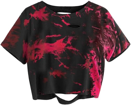 Avanova Women Tie Dye Short Sleeve Oversized Ripped Top Distressed Crop Tee Shirt Tie Dye Red Medium