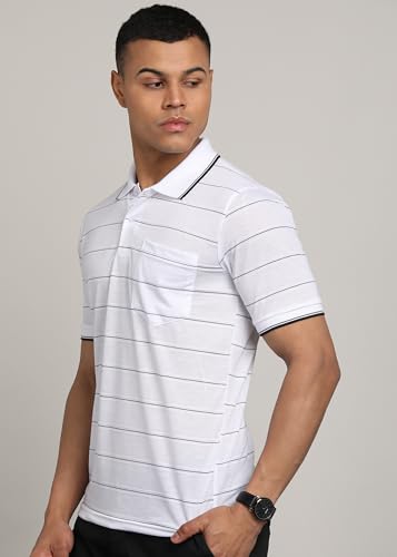 Image of INKKR Men Striped Polo Neck Cotton Blend T-Shirt