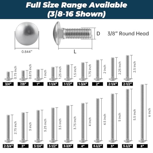 Image of 3 /8-16 x 7 /8 Inch Carriage Bolt Kit, 304 Stainless Steel (18-8) with Hex Nuts & Flat Washers - 8 Sets, Round Head Square Neck, Full Thread Coverage by Glvaner