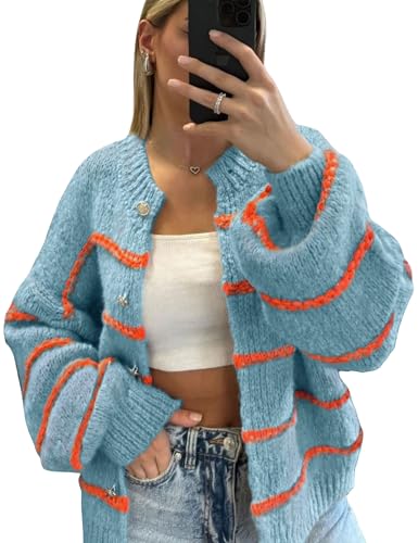 Image of QIBABU Womens Striped Cardigan Sweaters Casual Open Front Long Sleeve Button Down Knit Outwear