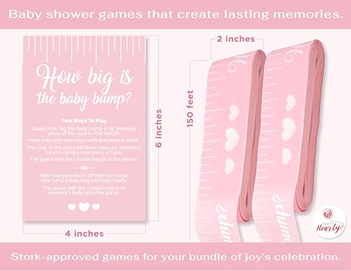 Party Hearty Funny Baby Shower Games for Girl Activities, 2 Rolls, 2 inches x 150 feet, Pink Tummy Measure, Fun & Easy Idea