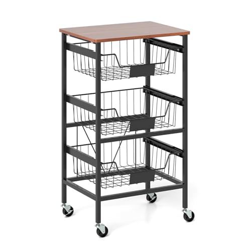 KOMFOTTEU Cesto per frutta e verdura mobile, cestino per frutta con piano in legno, porta pranzo con ruote bloccabili, carrello da cucina (3 cestini rimovibili, 42 x 31 x 74 cm)