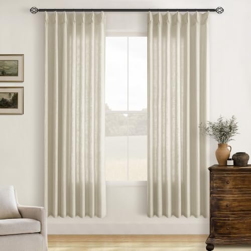 Image of Linen Beige Pinch Pleated Semi Sheer Curtains 78 Inches Long 2 Panels Set