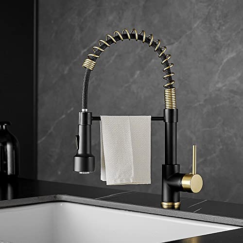 Black And Gold Kitchen Faucet With Pull Down Sprayer, Wotokol Black Kitchen Faucet With Led Light Brass Single Handle Matte Black Faucet For Kitchen Sink #TOP4