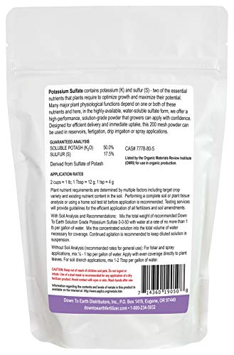 Down To Earth All Natural Fertilizers Organic Solution Grade Potassium Sulfate - Professional Grade SOP Powder 200 mesh for Liquid or Spray Applications 0-0-50, 1 lb