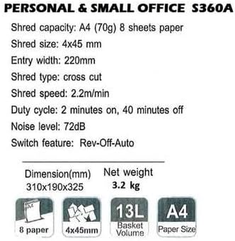 Detailed specifications for Comix S360A shredder, including shred capacity, size, entry width, speed, duty cycle, noise level, and dimensions.