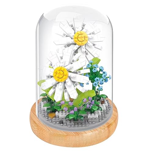 WISEHAWK Kit of miniature blocks to assemble flowers. With wooden stand and dome cover. Daisy