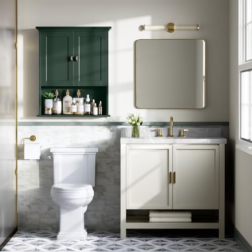 Armario de baño empotrado en pared, armario de medicina de madera sobre el inodoro, con puertas y estante ajustable, organizador de almacenamiento para pared, armario sobre inodoro (verde bosque) miniatura 4