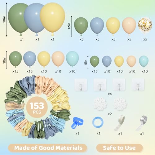 Image of Amandir 153pcs Blue and Yellow Sage Green Balloon Arch Kit Different Sizes | 18 12 10 5 inch Dusty Haze Blue Pastel Yellow Cream Gold Confetti Balloons for Birthday Party Bear Baby Shower Decorations
