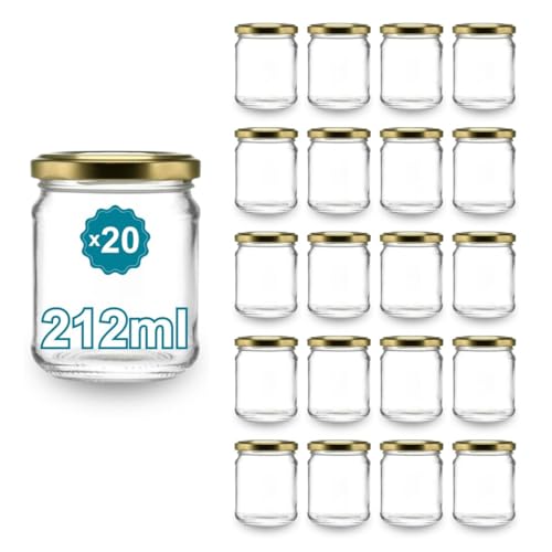 20 Tarros de Vidrio Vacíos para Confitura 212 ml | Tarros de Vidrio, Tarros para Conservas y Confituras, Tarro para Miel de Vidrio, Tarro para Yogur, Tarro para Salsa | Recuerdos de Boda