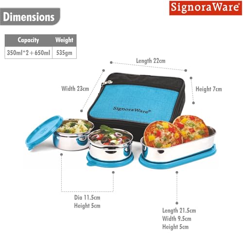 Image of SignoraWare Health Bite Stainless Steel Lunch Box | Airtight & Leakproof | Compact & Easy to Carry | Ideal for Meal Prep, Travel & Everyday Use (350ml x 2 + 650ml | Setof3 | TBlue)
