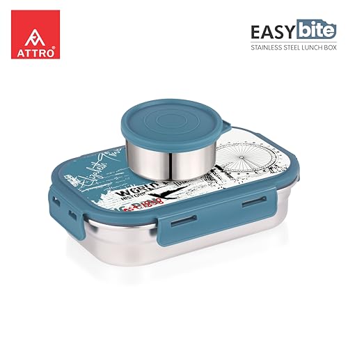 Image of ATTRO Easy Bite Stainless Steel Lunch Box with Inner Steel Body, Airtight 4-Side Lock Lid, Leakproof Silicone Seal, Small Container for Office School Kids Tiffin Box - 650ml+150ml-London Journey Blue